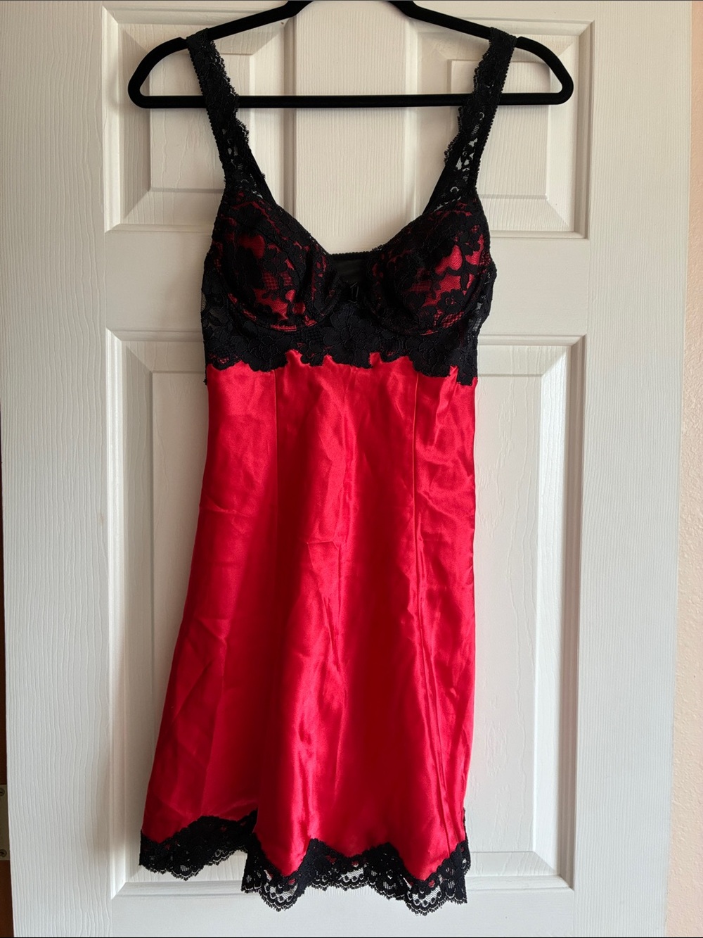 Victoria's Secret Vintage Red Satin Chemise with Black Lace